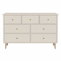 Cassettiera rettangolare con 7 cassetti in MDF bianco crema gambe in legno colore rovere naturale e maniglie ottone 120 x 40 x 80 cm