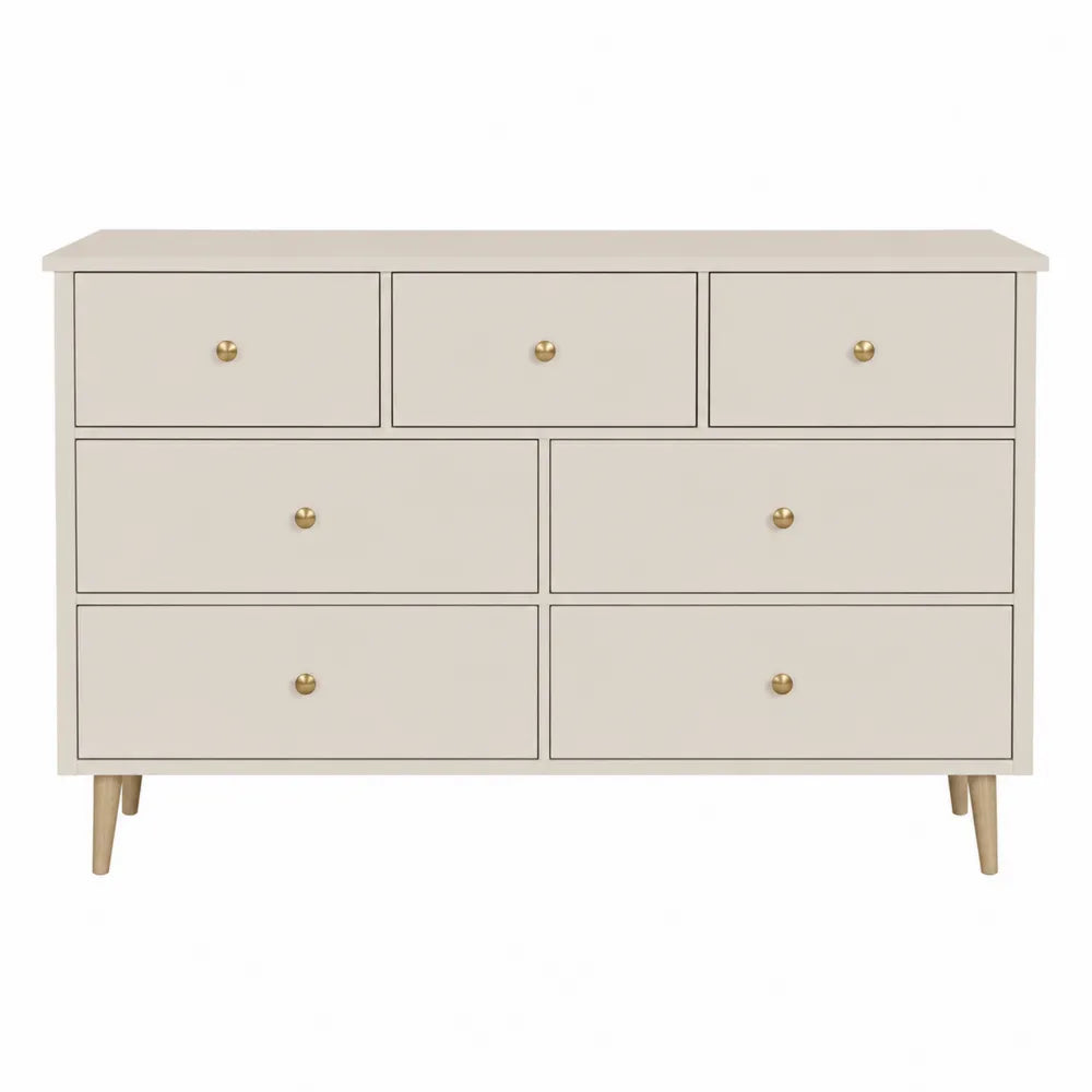Cassettiera rettangolare con 7 cassetti in MDF bianco crema gambe in legno colore rovere naturale e maniglie ottone 120 x 40 x 80 cm