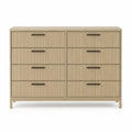 Cassettiera rettangolare con 8 cassetti in MDF effetto rovere naturale chiaro frontali scanalati e maniglie nere 140 x 40 x 80 cm