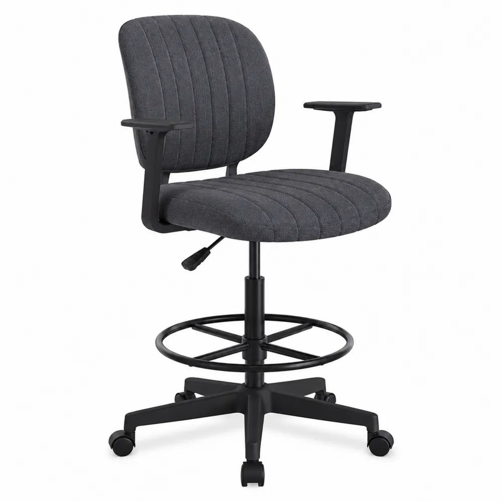 Sedia da ufficio girevole 70 cm x 70 cm x 115 cm tessuto grigio scuro con poggiapiedi ad anello base nera con ruote e braccioli