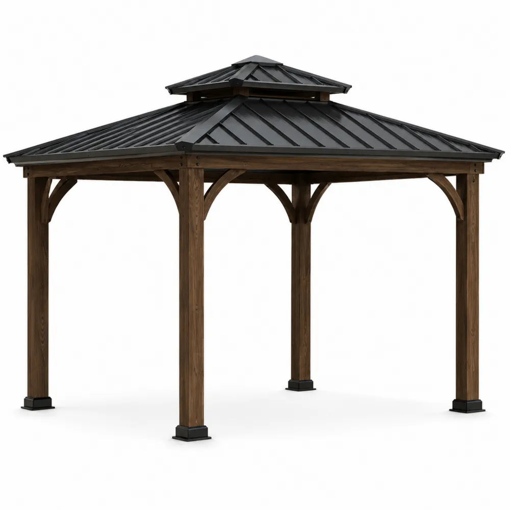 Gazebo da giardino in legno massello e acciaio con tetto in lamiera metallica nero 300 x 300 x 280 cm