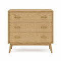 Cassettiera rettangolare con 3 cassetti in MDF effetto rovere naturale gambe in legno e maniglie color ottone 80 x 40 x 80 cm