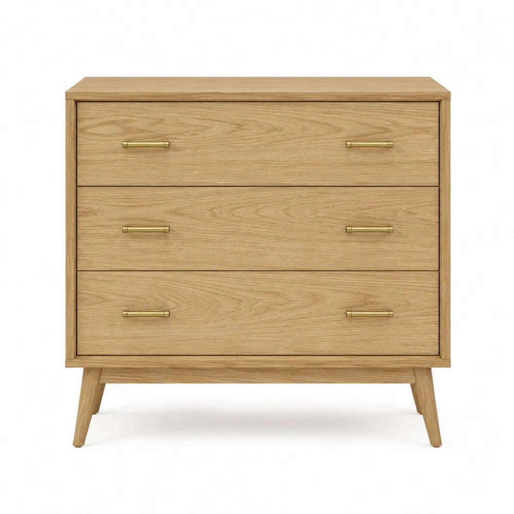 Cassettiera rettangolare con 3 cassetti in MDF effetto rovere naturale gambe in legno e maniglie color ottone 80 x 40 x 80 cm