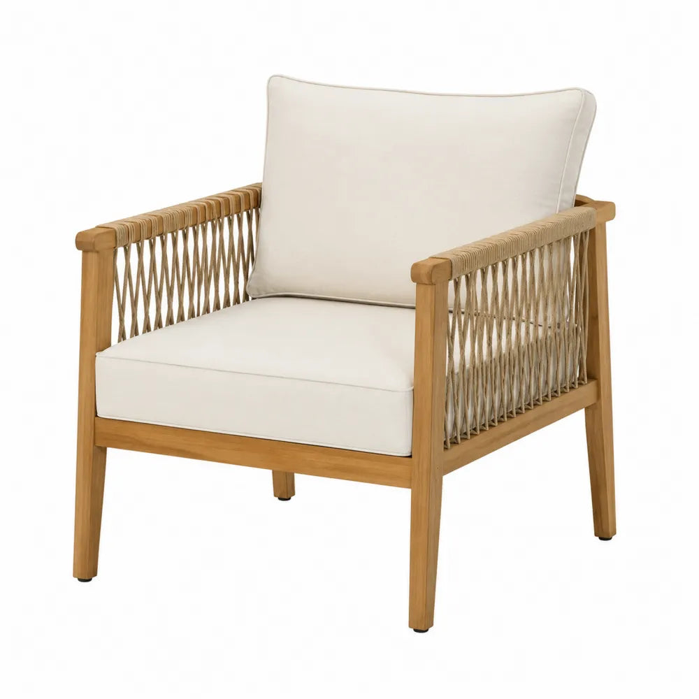 poltrona da esterno in legno massello di acacia con intreccio in corda polipropilene e cuscini beige
