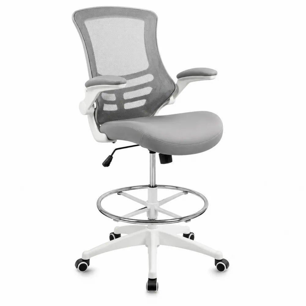 Sedia da ufficio alta girevole regolabile in altezza con schienale in rete poliestere grigio poggiapiedi ad anello base bianca 60 x 60 x 110-125 cm
