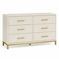 Cassettiera rettangolare con 6 cassetti in MDF bianco crema frontali scanalati gambe e maniglie oro 130 x 40 x 80 cm