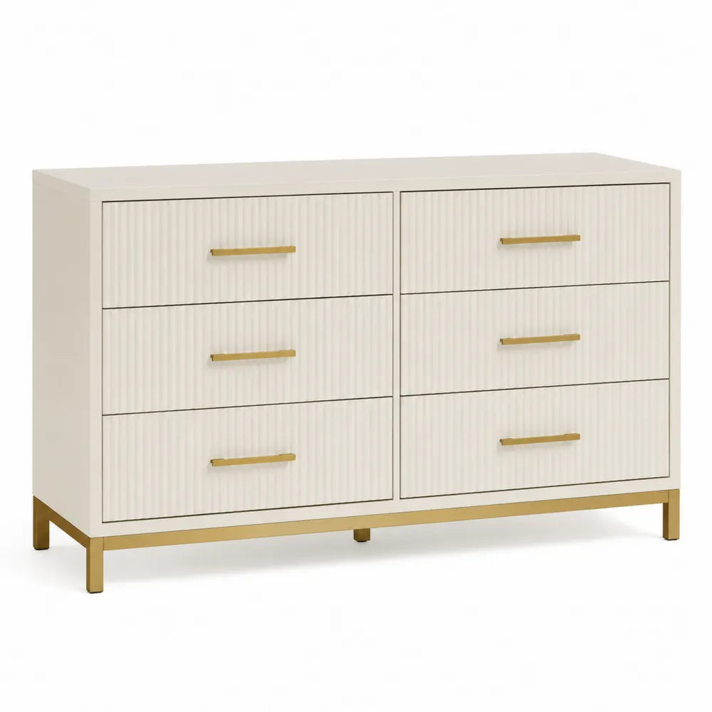 Cassettiera rettangolare con 6 cassetti in MDF bianco crema frontali scanalati gambe e maniglie oro 130 x 40 x 80 cm