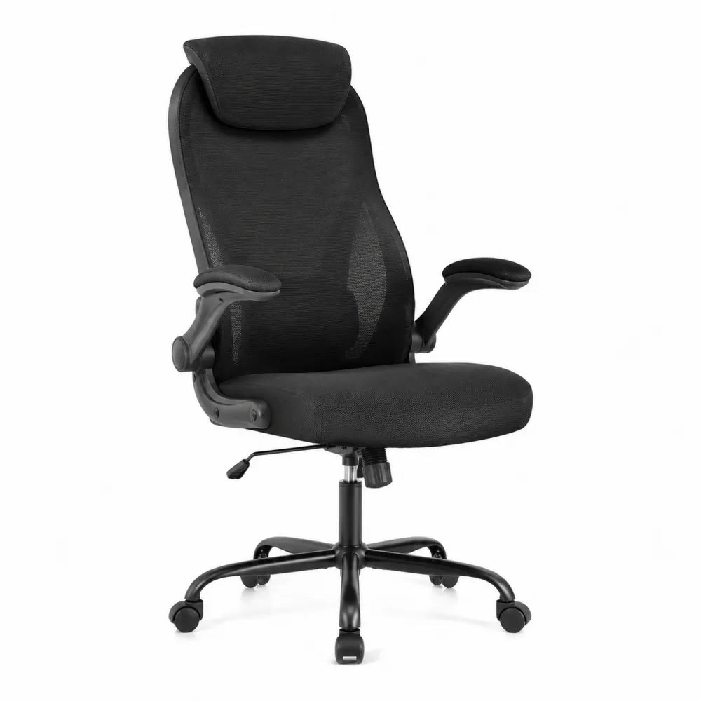 Sedia da ufficio girevole regolabile in altezza con poggiatesta e schienale in rete poliestere nera braccioli imbottiti base nera 65 x 65 x 115-125 cm