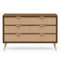 Cassettiera rettangolare con 3 cassetti in MDF effetto noce marrone frontali in rattan beige gambe e maniglie oro 140 x 40 x 80 cm