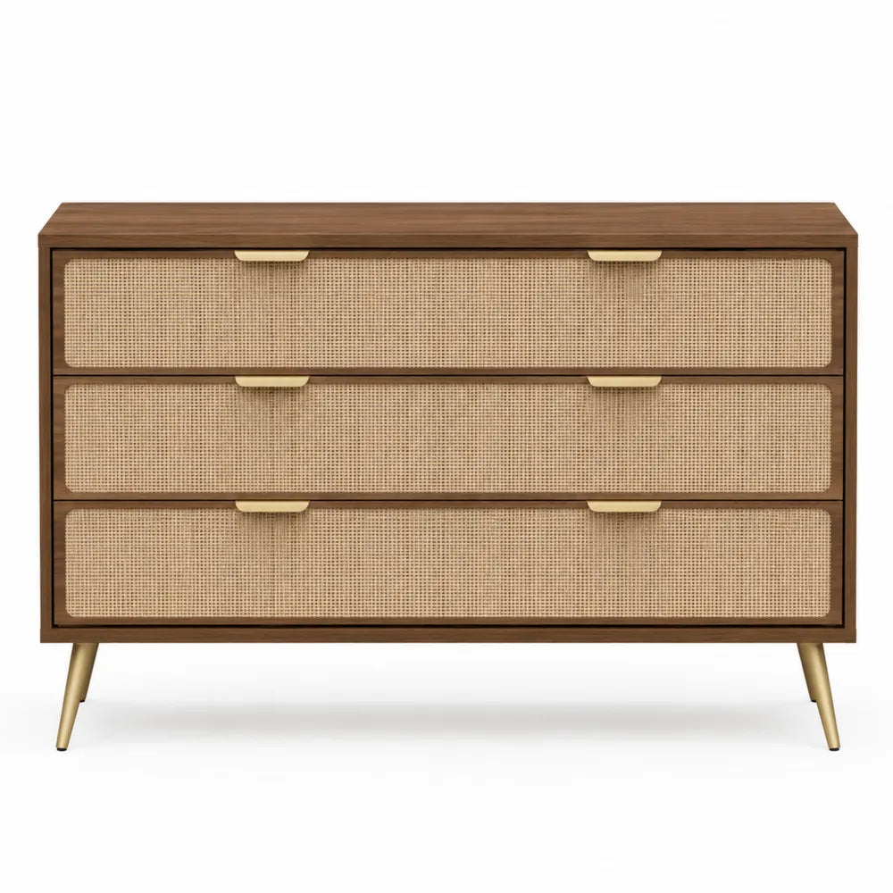 Cassettiera rettangolare con 3 cassetti in MDF effetto noce marrone frontali in rattan beige gambe e maniglie oro 140 x 40 x 80 cm