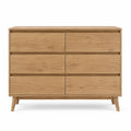 Cassettiera rettangolare con 6 cassetti in MDF effetto rovere naturale con apertura a gola e gambe in legno 120 x 40 x 80 cm