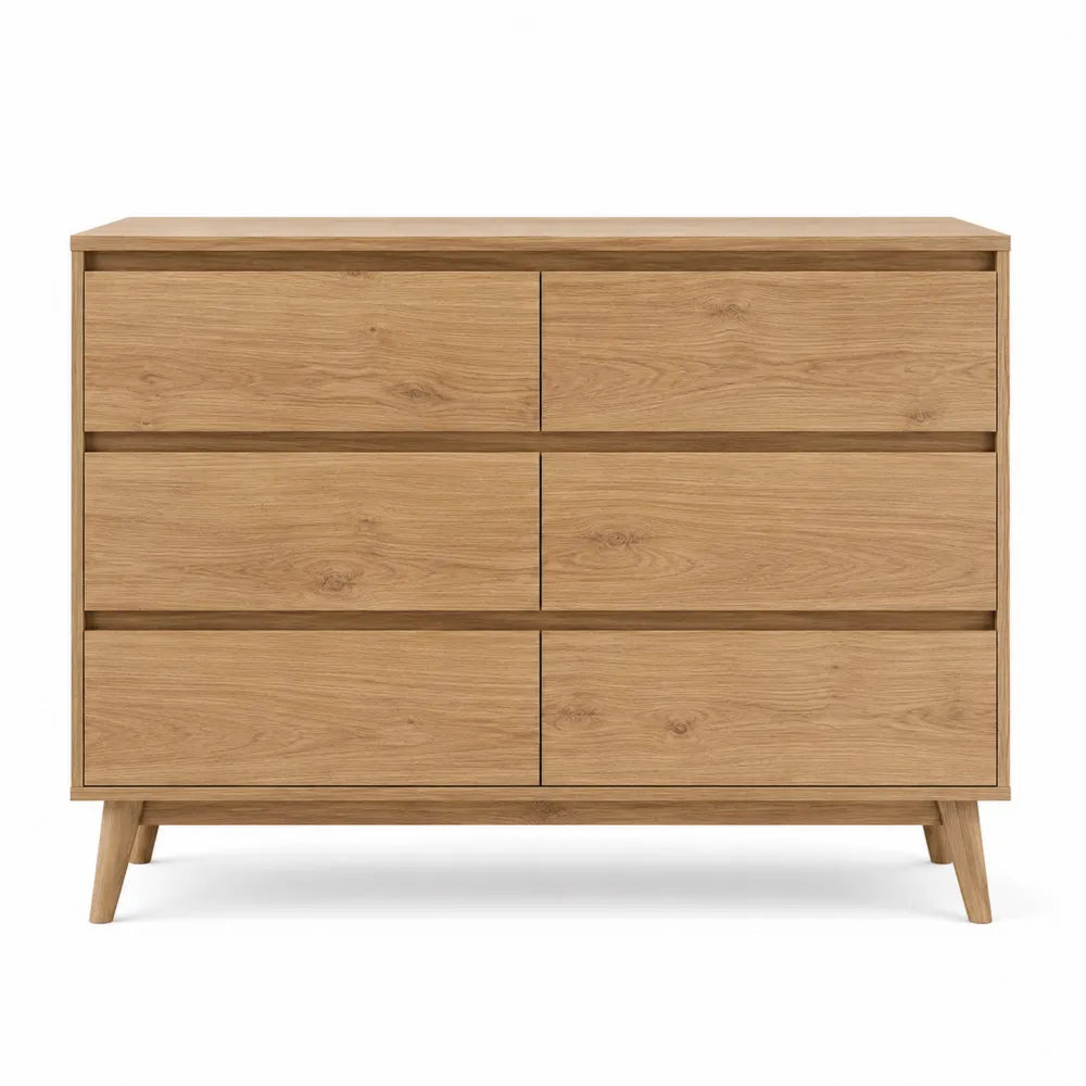 Cassettiera rettangolare con 6 cassetti in MDF effetto rovere naturale con apertura a gola e gambe in legno 120 x 40 x 80 cm